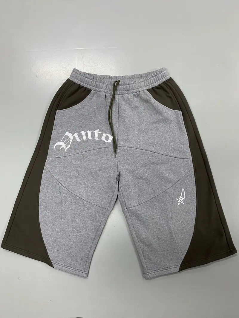 VINTO grey and brown panelled jorts, front view